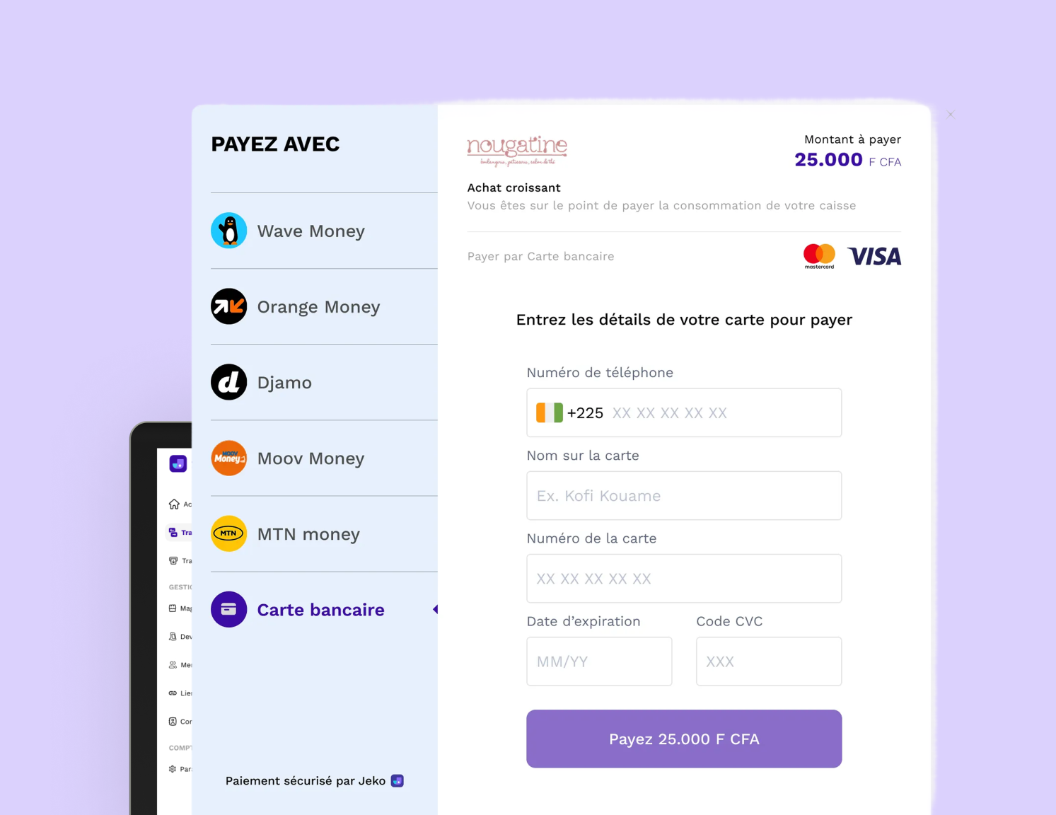 Jèko Checkout : interface de paiement en ligne pour accepter Mobile Money et cartes bancaires